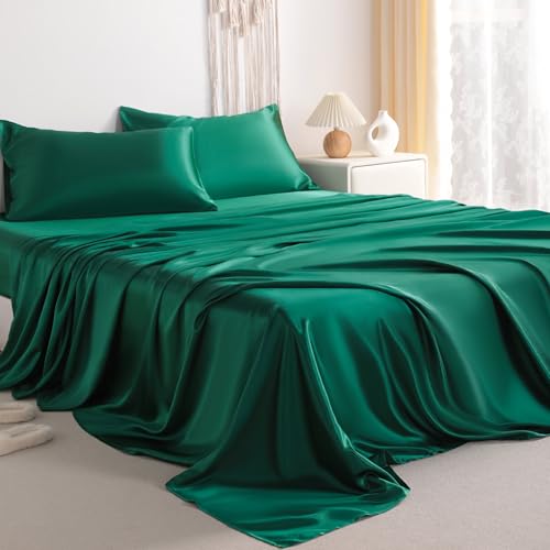 NTBAY Full Satin Sheet Set, 4 Piece, Dark Green - image 1