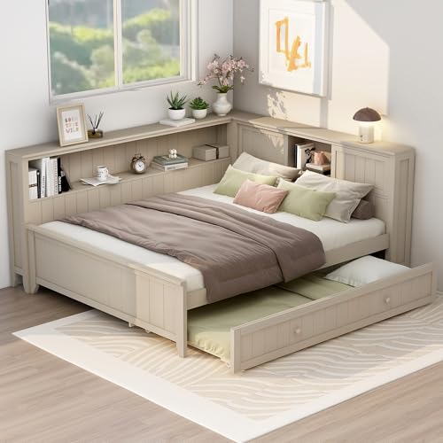 Merax Full Size Corner Daybed with Trundle and Storage Shelves, Wood Platform Bed Full Size for Bedroom, Guest Room, No Box Spring Needed