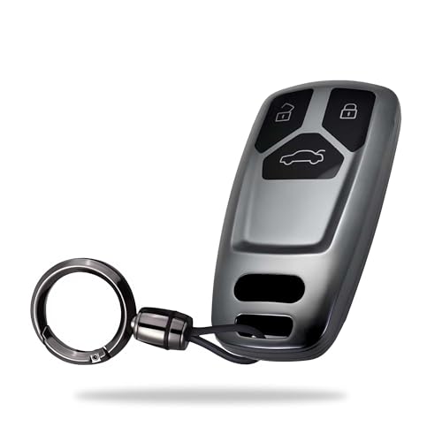 Image of SIAGO TPU Key Cover and Round Key Chain Compatible with Audi Q5, A5, A8, Q7, A4, A6 3 Button Flip Key (Grey)