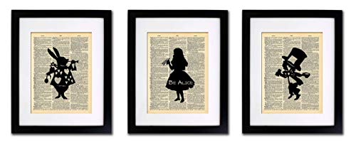 Alice in Wonderland Tea Party - 3 Print Set - Vintage Dictionary Print 8x10 Home Vintage Art Abstract Prints Wall Art for Home Decor Wall Decorations For Living Room Bedroom Office Ready-to-Frame 3
