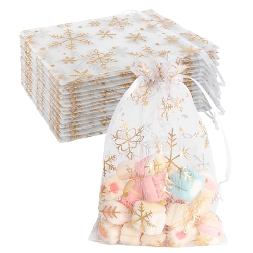 Image of Snowflake Organza Bags, 50 PCS Christmas Sheer Organza Bags with Drawstring 4 x 6 inch, Jewelry Gift Bag, Gold Small Mesh Goodies Xmas Wedding Favor Mini Candy Pouches Bag for Christmas Party Favors