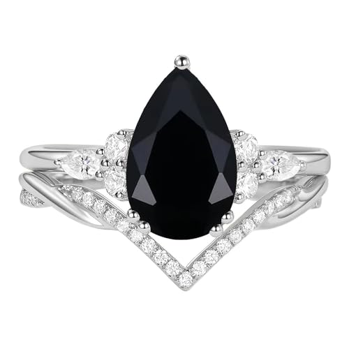 Pear Shaped Black Onyx Rings for Women Wedding Sets - Black Onyx Bridal Sets Wedding Rings White Yellow Rose 10K 14K 18K Gold 925 Sterling Silver Personalized Womens Wedding Ring Sets