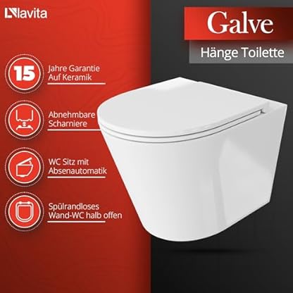 Lavita Vorwandelement Solido + Wand Hänge WC Galve Weiß Spülrandlos + WC Sitz mit Absenkautomatik Glänzend Weiß Knopf Komplettset Unterputz Spülkasten Toilette Komplett Sett WC – Bild 5