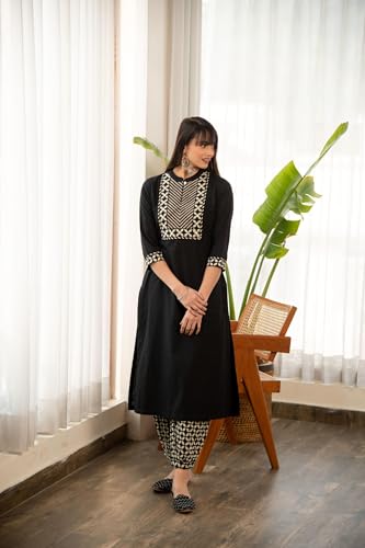 Image of Yashika Women's 3 /4 Sleeve Solid Black Color Kurti Pant Set, Cotton Blend, Knee Length, Stylish Ethnic Outfit for Daily Wear, Office, and Casual Occasions