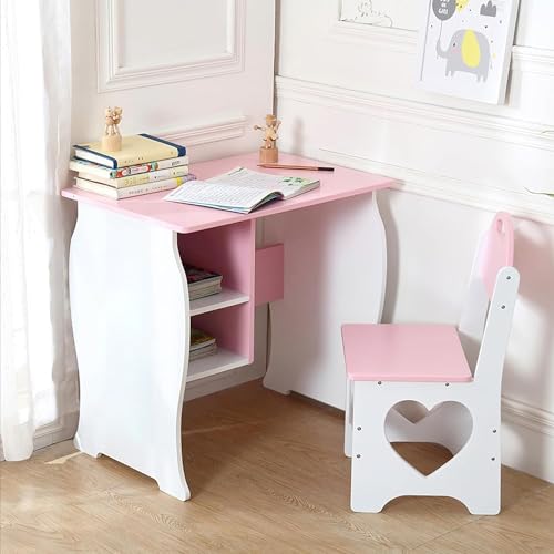 Kids Desk and Chair Set Children Study Desk with Storage Shelf Wooden School Study Table Writing Table for Home School UsePink White
