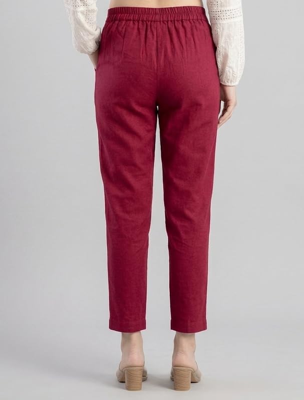Image of Solid Cotton Woman Trousers Pants Regular Fit Kurti Pant with Drawstring Daily Office Formal Casual Use
