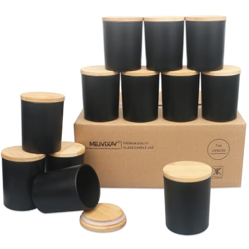 MILIVIXAY Paquete de 12 tarros de cristal grueso negro mate de 7 onzas con tapas, tarro de vela vacío a granel para hacer velas, recipientes de especias y polvo.