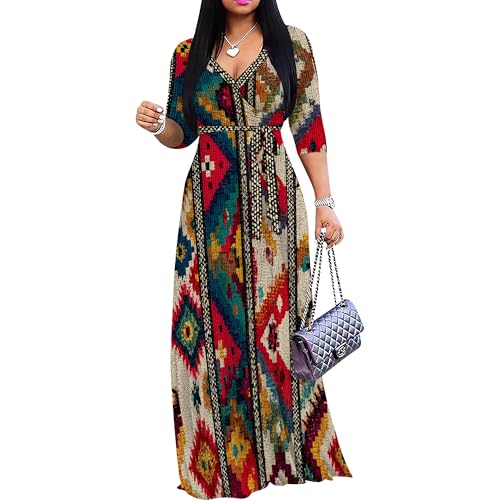 Image of Women Plus Size 3 /4 Sleeve V Neck Maxi Dress with Pockets | Soft fabric relaxed fit three quarter sleeve v neck with pockets for party and daily wear