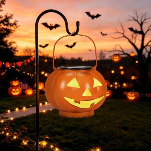 VBIOA Solar Jack O Pumpkin Lantern IP65 Waterproof Outdoor Garden Halloween Hanging Light-6.4inch Metal Warm White Solar Lamp Portable Fall Patio Decor Trick-or-Treat Kids Lantern