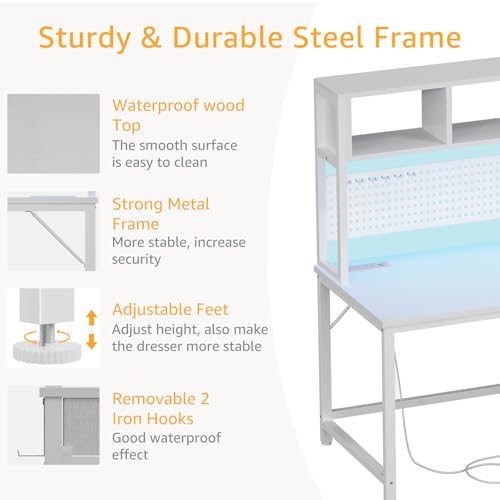 White Computer Desk with Hutch and Pegboard - Computer Desk with Power Outlets, 47 Inch Modern Study Teen Desk with Pegboard Storage Bag, Hooks and Side Bag,Writing Desk for Bedroom Home Office - Image 6