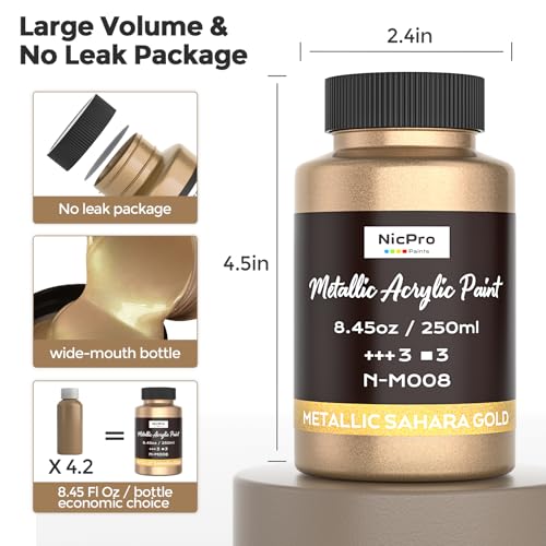 Image of Nicpro Metallic Sahara Gold Acrylic Paint, 8.45oz /250ml Gold Leaf Paint | Large, Non Toxic, Non Fading Gold Paints for Metal, Wood, Craft, Clay, Fabric, Canvas, Furniture, Handcrafts, Art Supplies