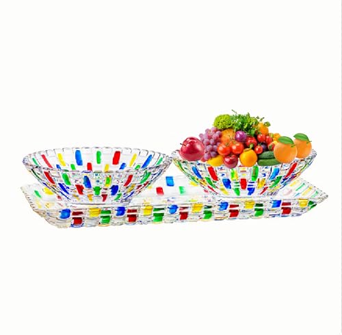 Colorful Crystal Glass Fruit Bowls Set,2 Pcs Hand Painted Colorful Woven Crystal Glass Bowl and Serving Tray to Display Salad Dessert Cake Candy Snack for Home Wedding Centerpiece Decor