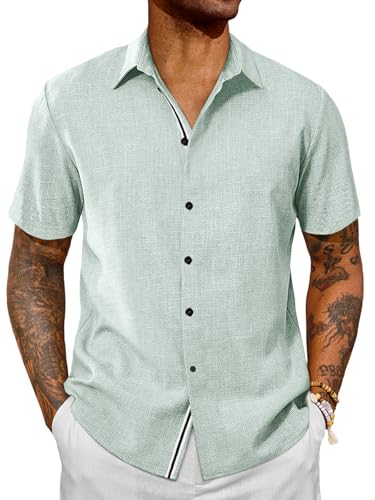 Runcati Mens Button Down Linen Shirt Short Sleeve Casual Lightweight Summer Beach Shirts Vacation Wedding Tops