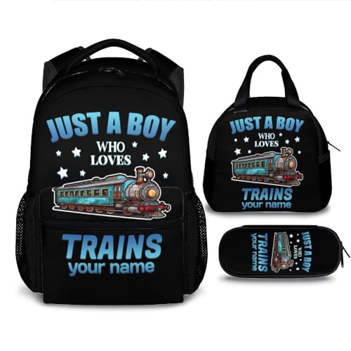 Custom Kids Backpack with Lunch Box Set for Boys Girls, Set of 3 Train School Backpacks Matching Combo, Personalized Cool White Bookbag and Pencil Case Bundle