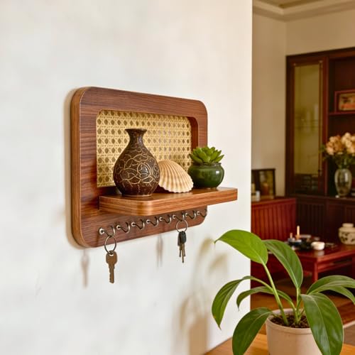 Image of InoSlashed Engineered Wood Key Holder for Home | Wall Stylish Key Stand | Key Chain Holders for Wall | Key Hanger | Rattan Webbing Key Holder | 8 Hooks (Rattan)
