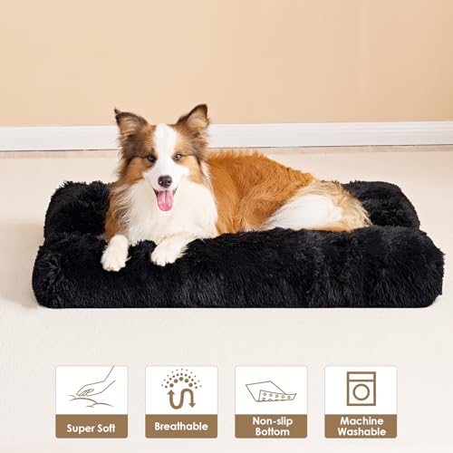 EHEYCIGA Flauschig Hundebett Mittelgroße Hunde, Hundekissen Grosse Hunde Waschbar, Kuschelig rutschfest Hundematte mit Langem Plüsch, Schwarz, 90x60cm