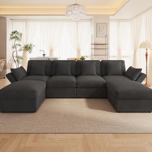 Yihomfy Canapé d'angle en U Modulable 6 Places, Accoudoirs Réglables, Structure à Ressorts Ensachés et Mousse Haute Résilience pour Salon, Tissu Velours Cordon Gris