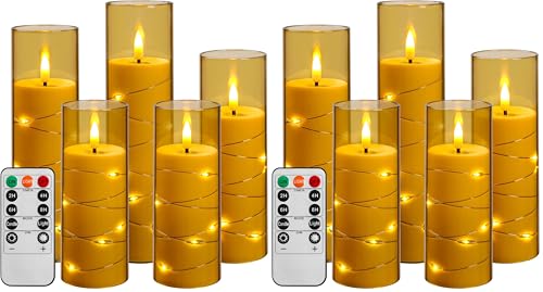 Image of Da by Flameless Candle Light, Battery Candle with recessed String Lights, 5 flameless Candles with 11-Key Remote Control, 24-Hour Timer Function, Champagne Color (Pack of 2)