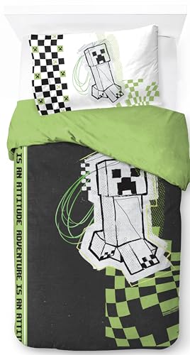 Jay Franco Minecraft Creeper Doodle 100% Coton Ensemble Housse de Couette Lit Simple – Linge de Lit Comprend Une Taie d’Oreiller 50 x 70 cm