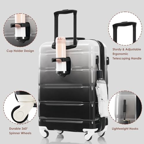 Luggage Set of 3, 20-inch with USB Port, Airline Certified Carry-on Luggage with Cup Holder, ABS+PC Hard Shell Luggage with Spinner Wheels, black3