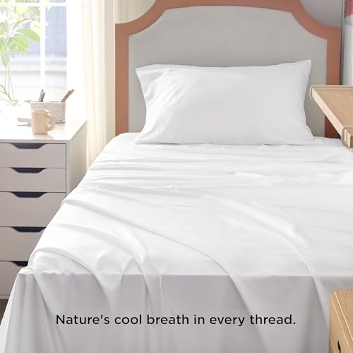 Image of Bedsure Cooling Sheets Twin XL, Rayon Derived from Bamboo, PureWoven, Breathable & Soft Twin XL Sheet Sets, Deep Pocket Up to 16 Inches, Hotel Luxury Silky Dorm Bedding for Hot Sleepers, White
