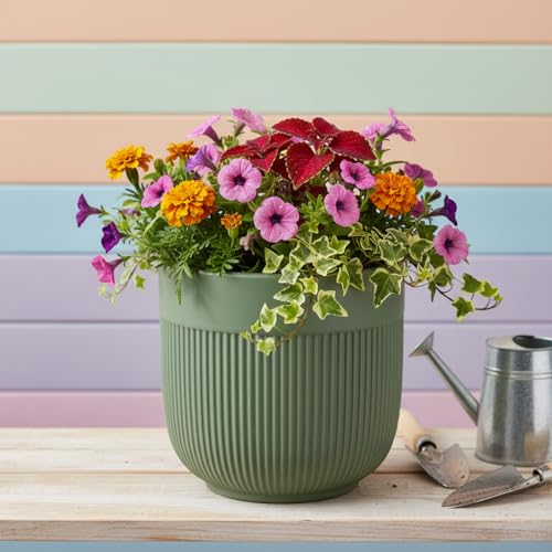 Image of Xtore Fresh Dual-Texture Ceramic Planter Pot for Indoor Plants | Contemporary Ribbed Flower Pot for Home, Office Desk & Balcony Decor (Matte Green - Planter only)