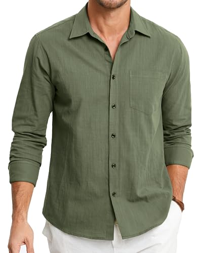 HISDERN Leinenhemd Herren Leinen Hemd Langarm Freizeithemd Sommer Leinenshirt Casual Regular Fit Shirt Grün XL