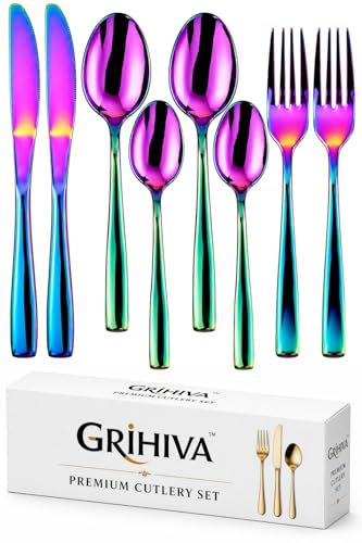 Image of 8 Pcs Rainbow Mirror Polish Stainless Steel Cutlery Set for Dining Table with Spoons and Forks Set + Butterknives - The Perfect Tableware /Flatware