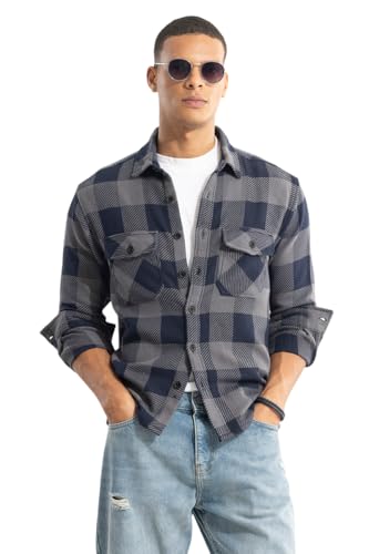 Image of SNITCH Men's Overshirt | Relaxed Fit Cotton Shirt with Tartan Checks | Full Sleeve Spread Collar Casual Shirt with Flap Pockets for College & Street Wear