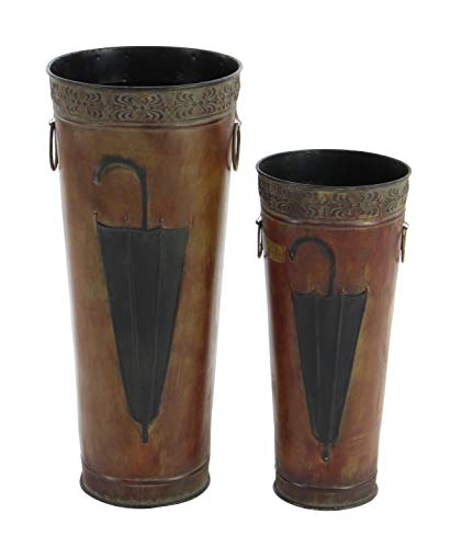 Deco 79 Metal Umbrella Stand With Umbrella Image And Handles, Set Of 2 21", 17"H, Brown #TOP3