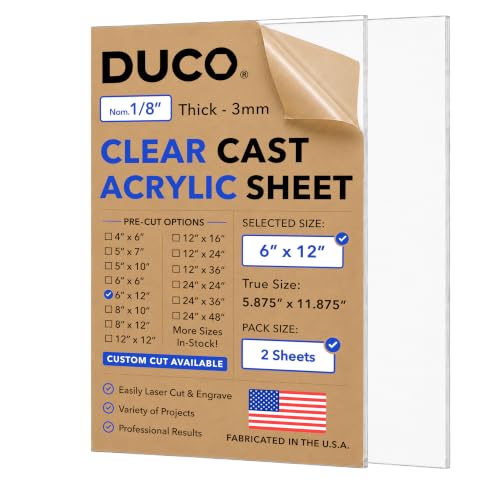 Duco 1/8" Clear Cast Acrylic Sheets, 6"x12" Plexiglass Sheets, 2 Pack