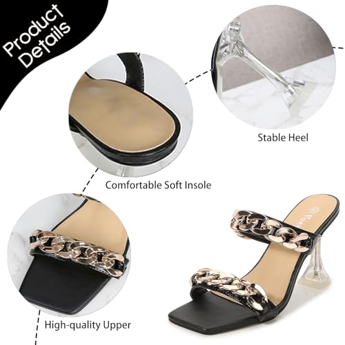 Women's Two Strap High Heel Slides With Gold Chain Fashion Comfort Square Toe Slip On Slingback Clear Stiletto High Heels Sandals For Party Wedding Dress Pumps3