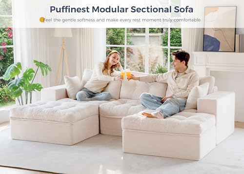 Image of MAXYOYO 104 inch U Shaped Modular Sectional Sofa with 2 Ottomans, Cloud Boneless Couch with Layered Cushion, Flexible Module Combination Sofa for Living Room, No Assembly Required, Beige