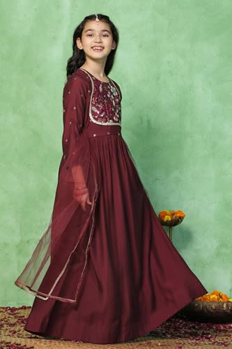 Image of Fashion Dream Girls Chanderi Embroidered Maxi Dress with Dupatta|Ethnic Gown for Kids