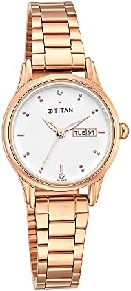 Titan Women's Quartz Analog Watch | Silver Dial with Swarovski Crystal Accents | Rose Gold Metal Strap | Multifunction Day & Date Display - 2656WM01