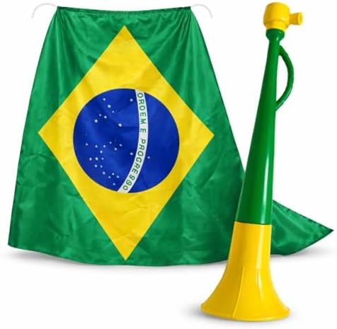 Kit Torcedor Brasil Capa + Vuvuzela Som Alto – Acessórios para Copa do Mundo Futebol Festa e Estádio