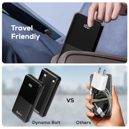 Image of pTron Dynamo Bolt 20000mAh Power Bank, Inbuilt Charging Cables, 35W Super Fast Charging,USB Type-C Input Power Bank Compatible with QC3.0 /PD3.0,4 Charging Outputs,Type-C Input /Output Port (Coal Black)
