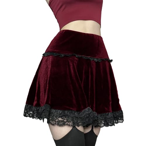 Falda corta de terciopelo para mujer, estilo gótico, con bordado de cruz, estilo punk, vintage, para verano, Y2K, minifalda con volantes, Rojo + sin bordado, M