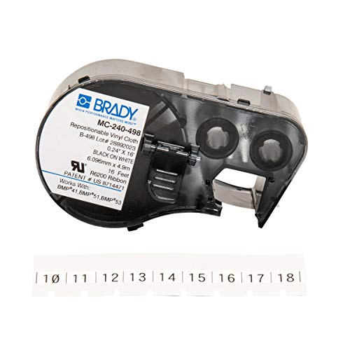 Brady MC-240-498 Vinyl Cloth B-498 Black on White Label Maker Cartridge, 16' Width x 15/64