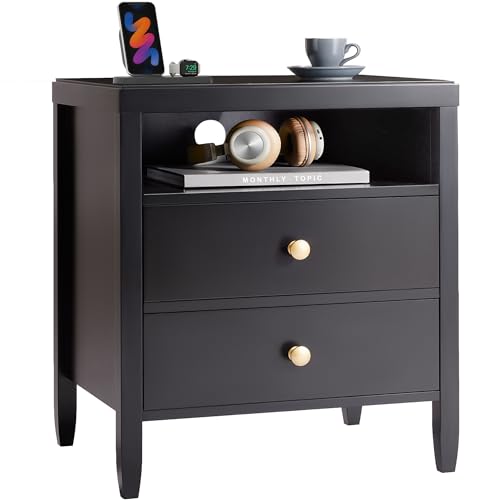 Huuger Black Nightstand with 2 Drawers, Bed Side Table for Bedroom, Modern Night Stand, Bedside Table with Storage, Metal Knobs, Painted Surface