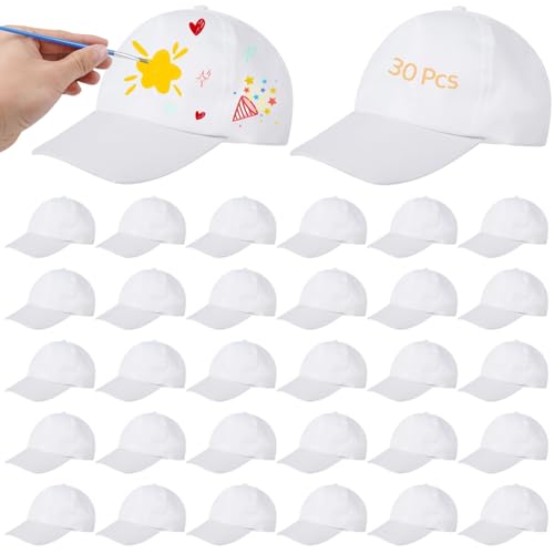 White Adjustable Baseball Caps For Kids, 30 Blank Polyester Hats For Crafts, Painting, Group Activities, Outdoor Use