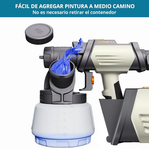 Miniatura 2 de Tilswall Shark800 Pistola de Pintura, 800W HVLP Pistola Pintura con 1300 ml de Capacidad Extraíble, 3 Modos, 4 Boquillas de Latón, 120 DIN-s Pistola Pintar Electrica para Pintar Armarios, Paredes