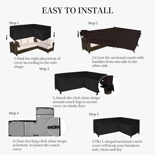 Image of Easy-Going 600D Patio L-Shaped Sectional Sofa Cover, 85 inchX58 inch Waterproof Heavy Duty Outdoor Garden Furniture Cover (Right Facing, Black)