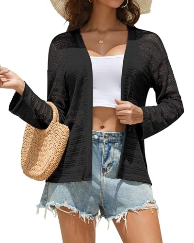 MISFAY Women's Crochet Cardigan Open Front Lightweight Cover Up Black