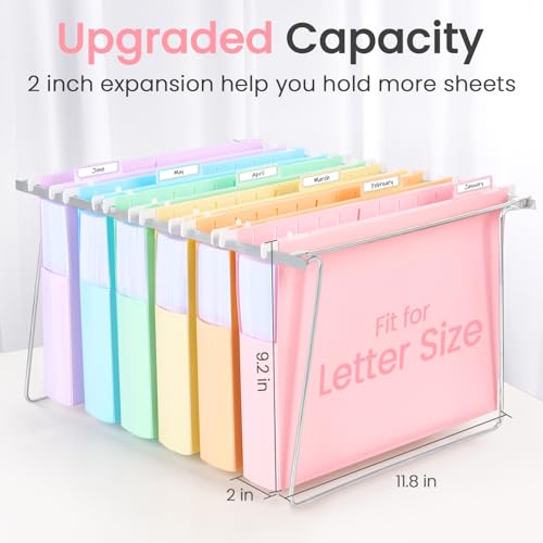 Sooez Extra Capacity Plastic Hanging File Folders, 12 Count Expanding File Folders Letter Size with 2\" Expansion, File Organizer with 1/6-Cut Adjustable Tab for File Cabinet, Drawer, Pastels Colors - Thumbnail 2
