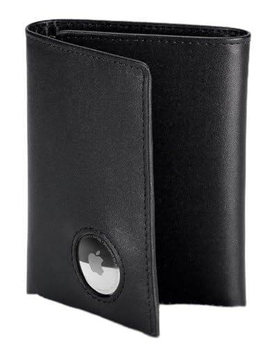 Stealth Mode Men's Leather Trifold Wallet with Airtag Holder and RFID Blocking (Black)