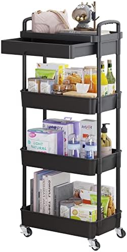 Calmootey 4-Tier Rolling Utility Cart with Drawer,Multifunctional Storage Organizer with Plastic Shelf & Metal Wheel,Storage Cart for Kitchen,Bathroom,Living Room,Office,Black
