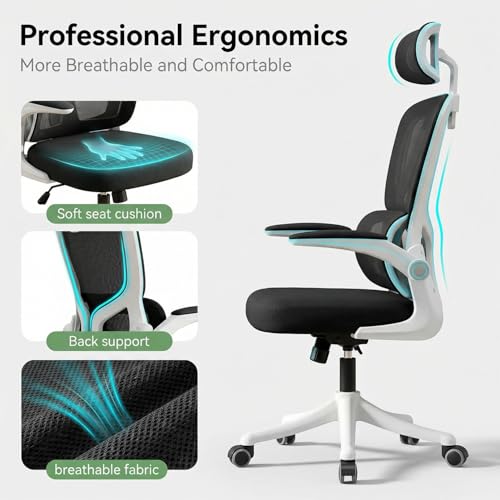 VIDITA Ergonomic Office Chair with Dynamic Lumbar Support & Adjustable Headrest – High Back Desk Chair with 90° Flip-up Arms, Comfort Mesh Computer Chair for Home Office Long Hours Sitting,Black — view 6