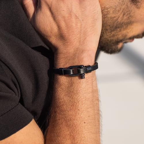 Elegatto Morelle Premium Leather Bracelet for Men | Full-Grain Black Leather with Silver Polished Stainless Steel Shackle Closure | Men’s Designer Jewelry4