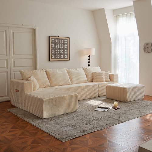 Image of 133 inch Modular Sectional Sleeper Sofa, Modern Cloud Sectional Sofa Couch with Ottoman and Storage, U Shape Boneless Couches for Living Room, Free Combination, No Assembly Required,Beige